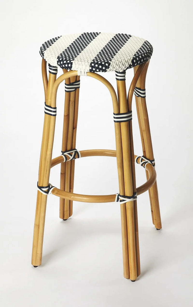 30" Blue and White and Natural Heavy Duty Rattan Backless Bar Height Bar Chair Homeroots Living Room