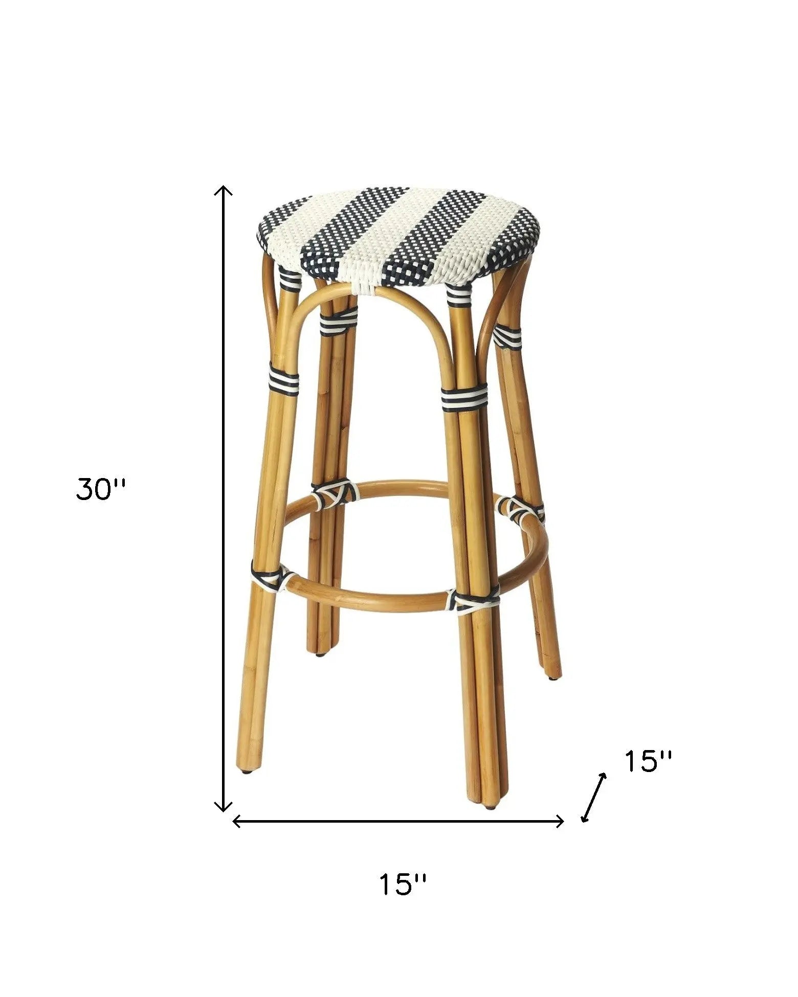 30" Blue and White and Natural Heavy Duty Rattan Backless Bar Height Bar Chair Homeroots Living Room