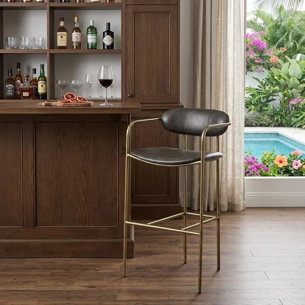 30" Brown And Gold Faux Leather And Steel Bar Height Bar Chair Homeroots Living Room