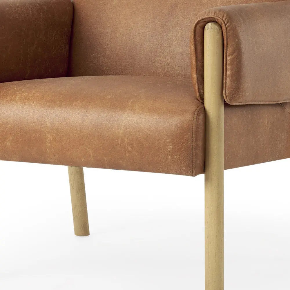 30" Brown and Natural Faux Leather and Solid Wood Arm Chair Homeroots Living Room