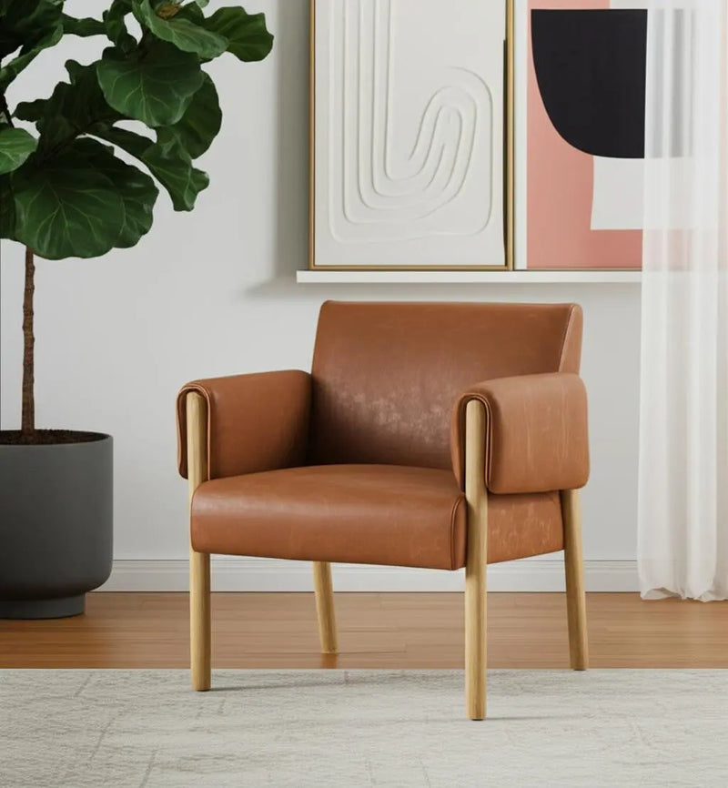 30" Brown and Natural Faux Leather and Solid Wood Arm Chair Homeroots Living Room