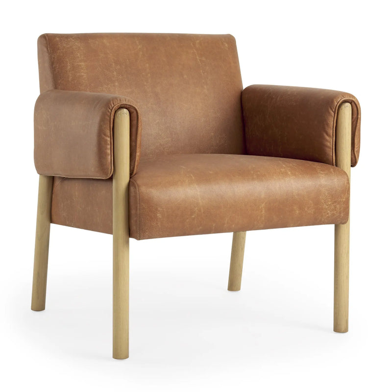 30" Brown and Natural Faux Leather and Solid Wood Arm Chair Homeroots Living Room