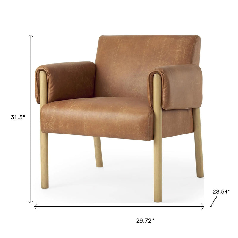 30" Brown and Natural Faux Leather and Solid Wood Arm Chair Homeroots Living Room