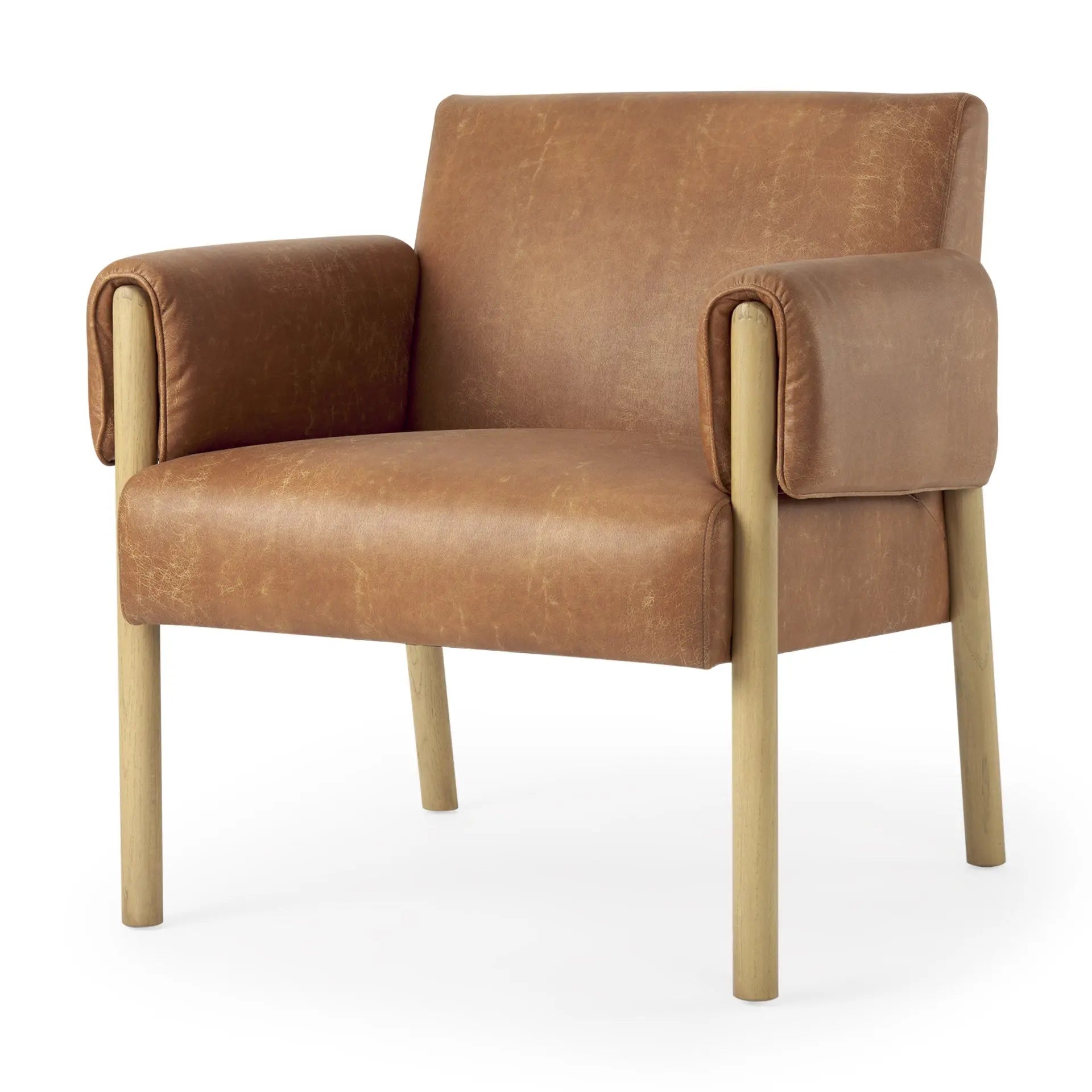 30" Brown and Natural Faux Leather and Solid Wood Arm Chair Homeroots Living Room