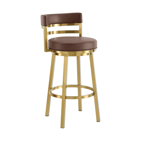 30" Coffee and Gold Faux Leather and Stainless Steel Low Back Bar Height Swivel Bar Chair Homeroots Living Room
