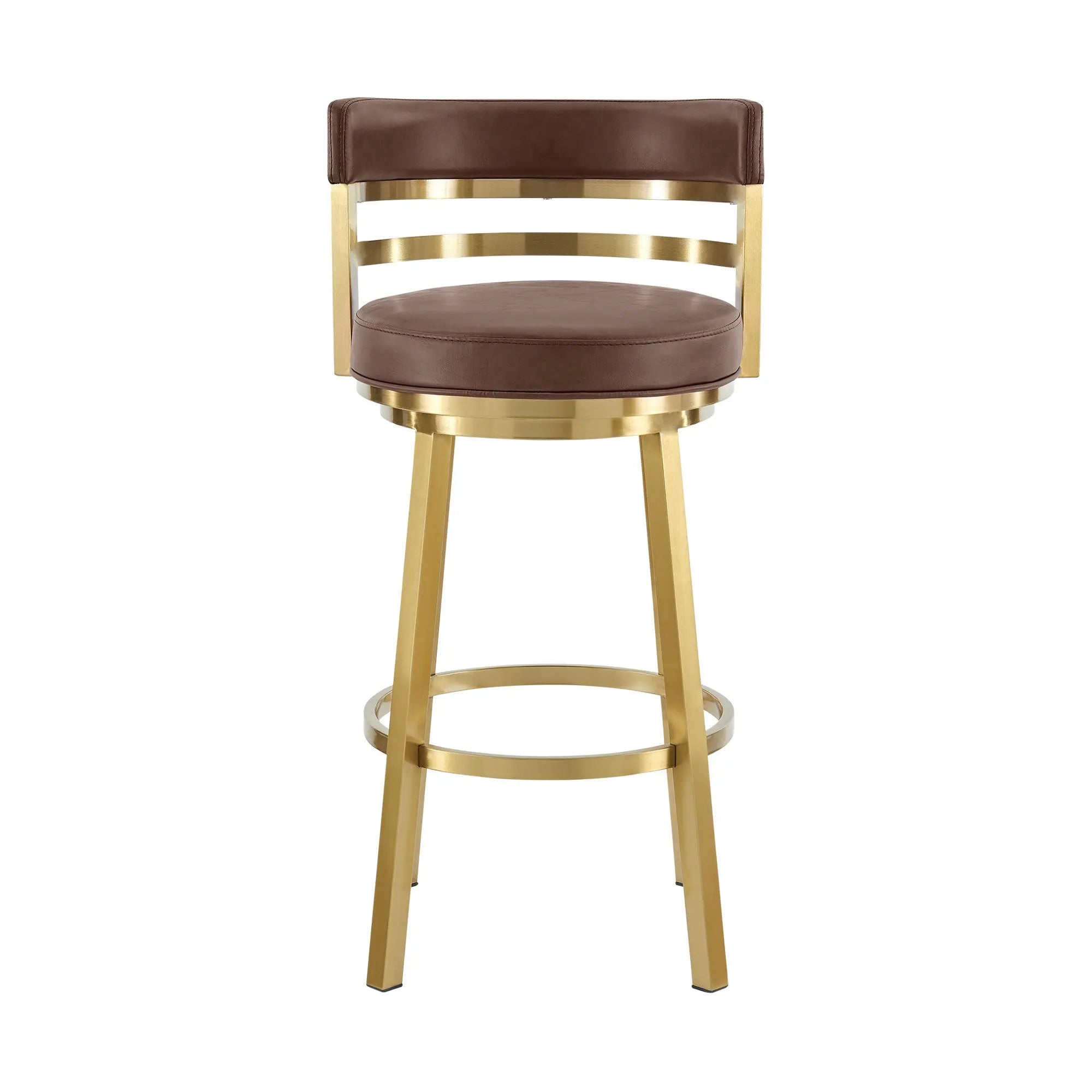 30" Coffee and Gold Faux Leather and Stainless Steel Low Back Bar Height Swivel Bar Chair Homeroots Living Room
