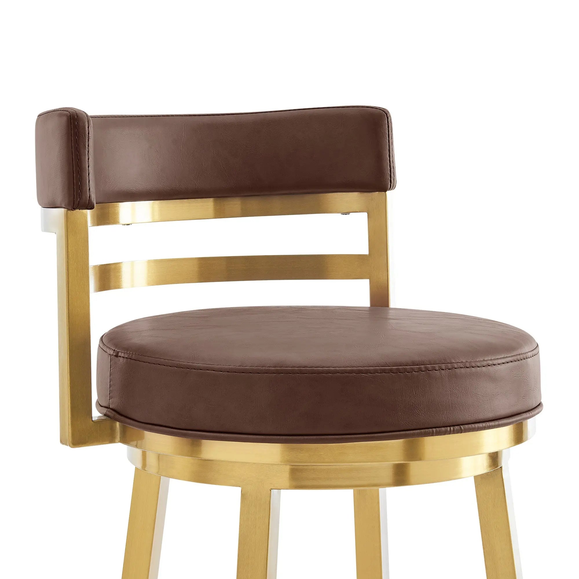 30" Coffee and Gold Faux Leather and Stainless Steel Low Back Bar Height Swivel Bar Chair Homeroots Living Room