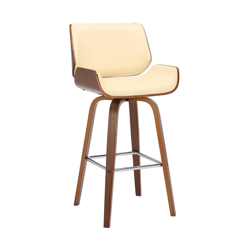30" Cream And Brown Faux Leather And Solid Wood Swivel Bar Height Bar Chair Homeroots Living Room