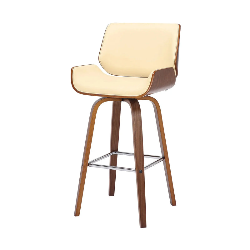 30" Cream And Brown Faux Leather And Solid Wood Swivel Bar Height Bar Chair Homeroots Living Room