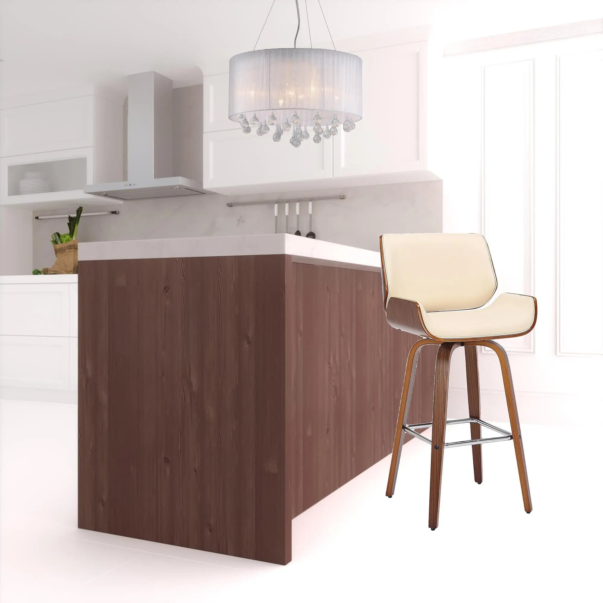 30" Cream And Brown Faux Leather And Solid Wood Swivel Bar Height Bar Chair Homeroots Living Room
