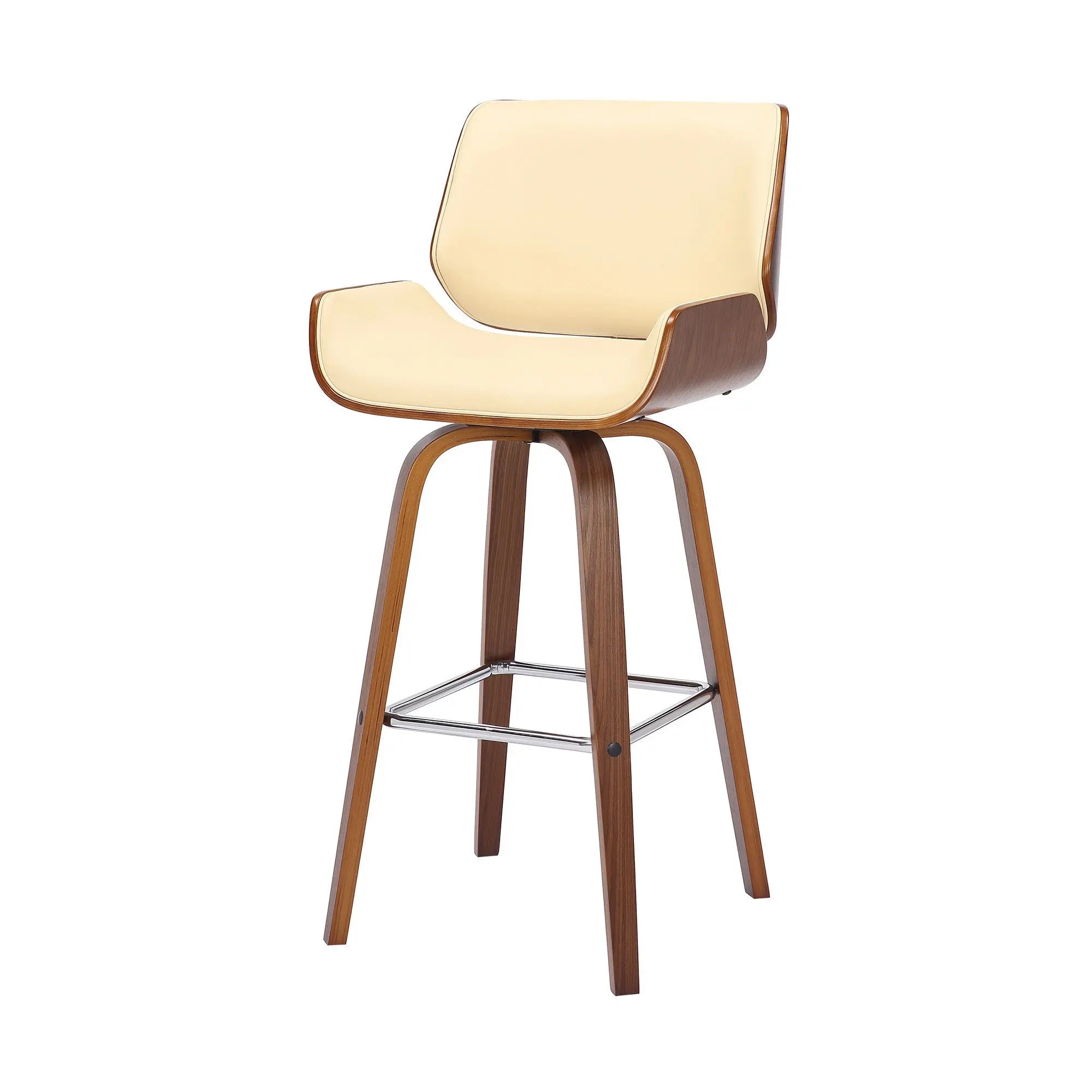 30" Cream And Brown Faux Leather And Solid Wood Swivel Bar Height Bar Chair Homeroots Living Room