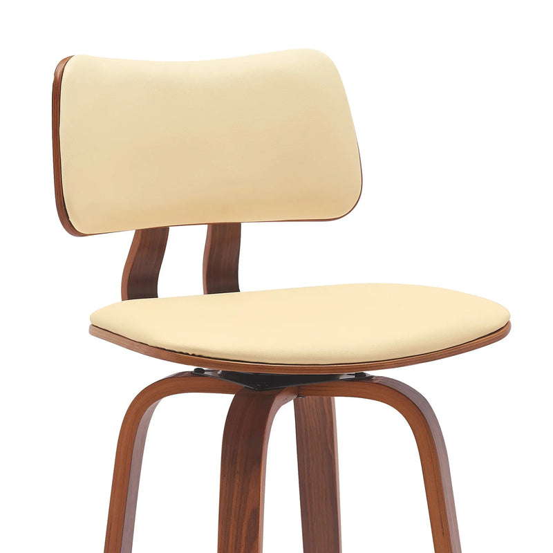 30" Cream And Wood Brown Faux Leather Swivel Low Back Bar Height Bar Chair Homeroots Living Room