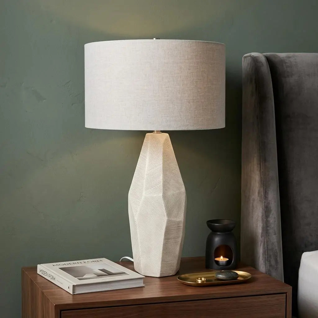 30" Cream Round Bedside Lamp With Drum Shade Homeroots Lighting