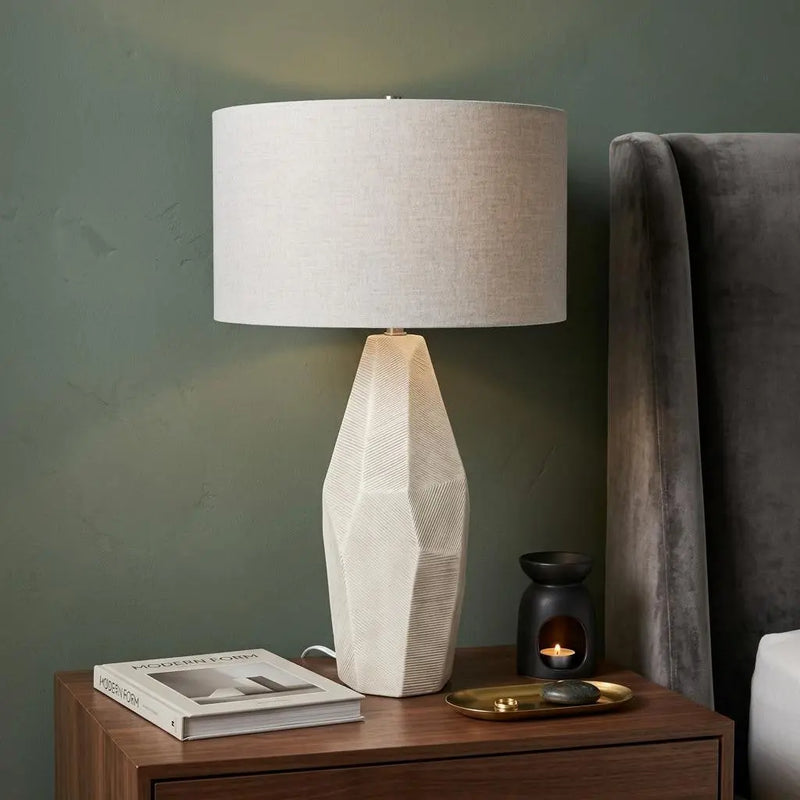 30" Cream Round Bedside Lamp With Drum Shade Homeroots Lighting