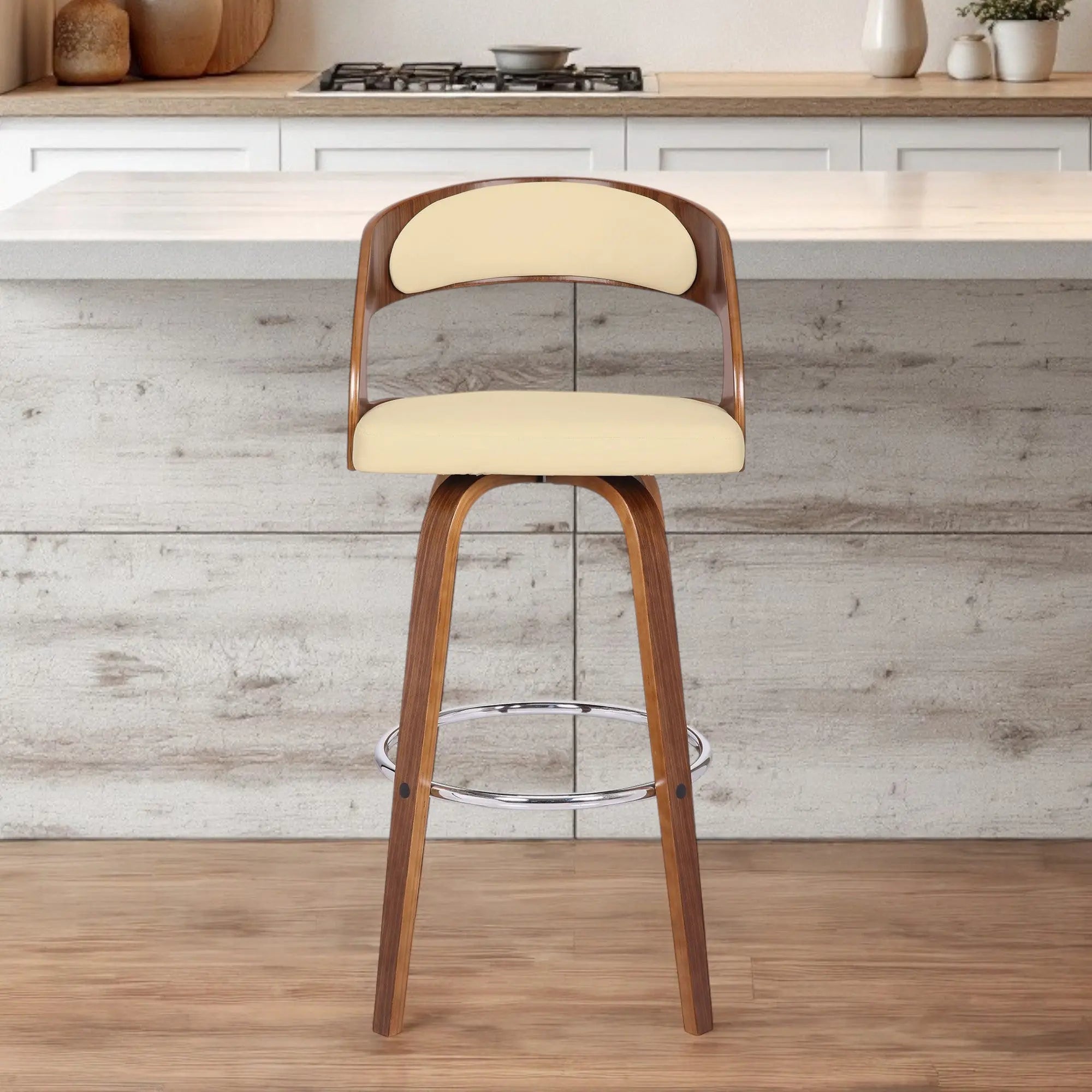 30" Cream and Brown Fabric and Iron Low Back Bar Height Swivel Bar Chair - GreatEagleInc