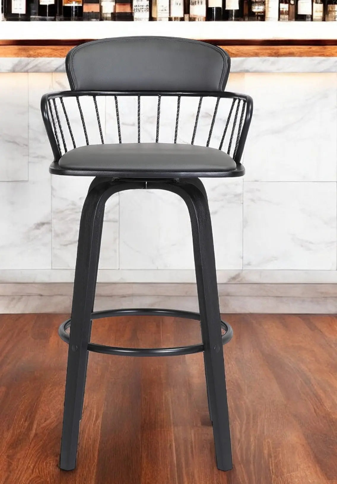 30" Gray And Black Faux Leather Swivel Low Back Bar Height Bar Chair Homeroots Living Room