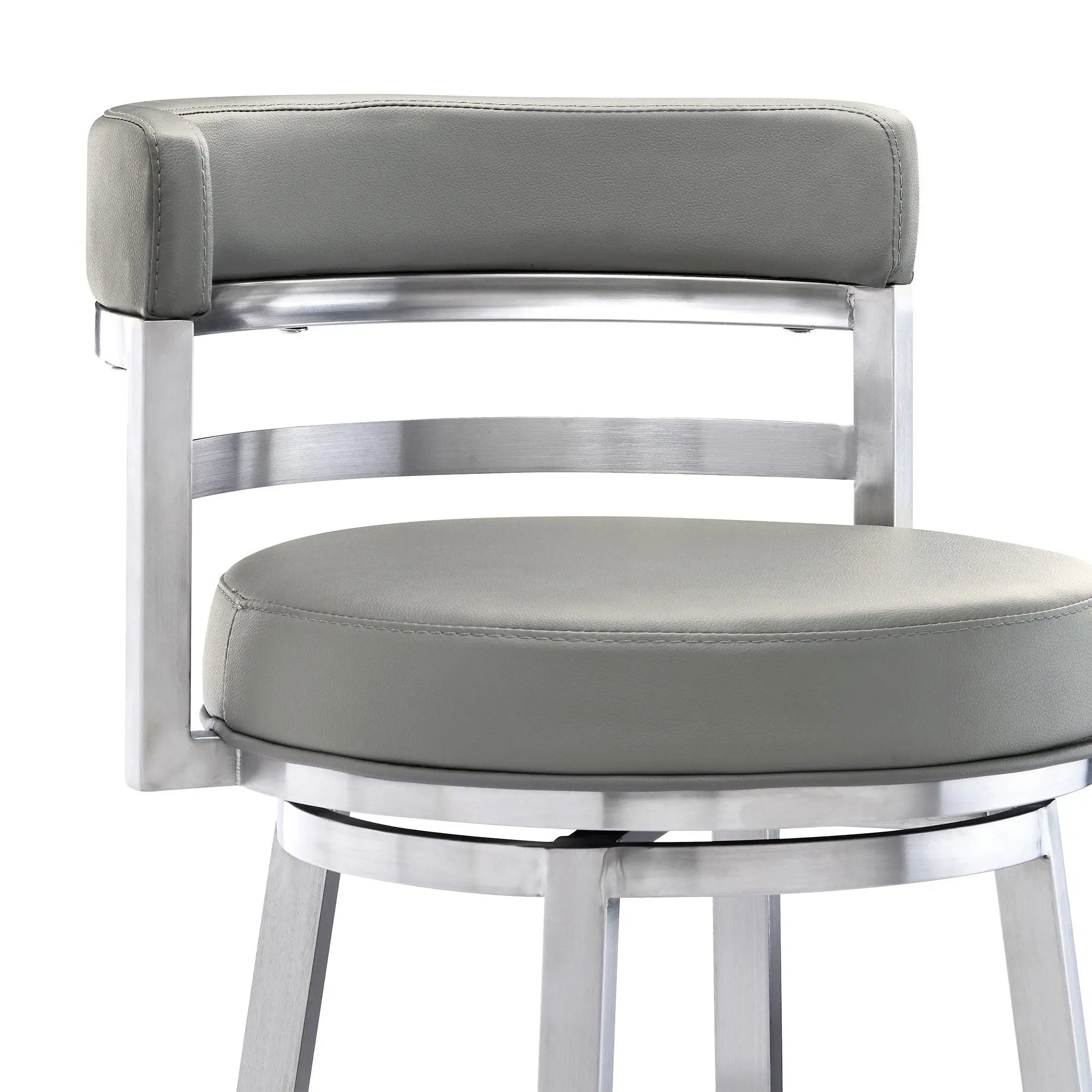 30" Gray And Silver Faux Leather And Iron Swivel Low Back Bar Height Bar Chair Homeroots Living Room