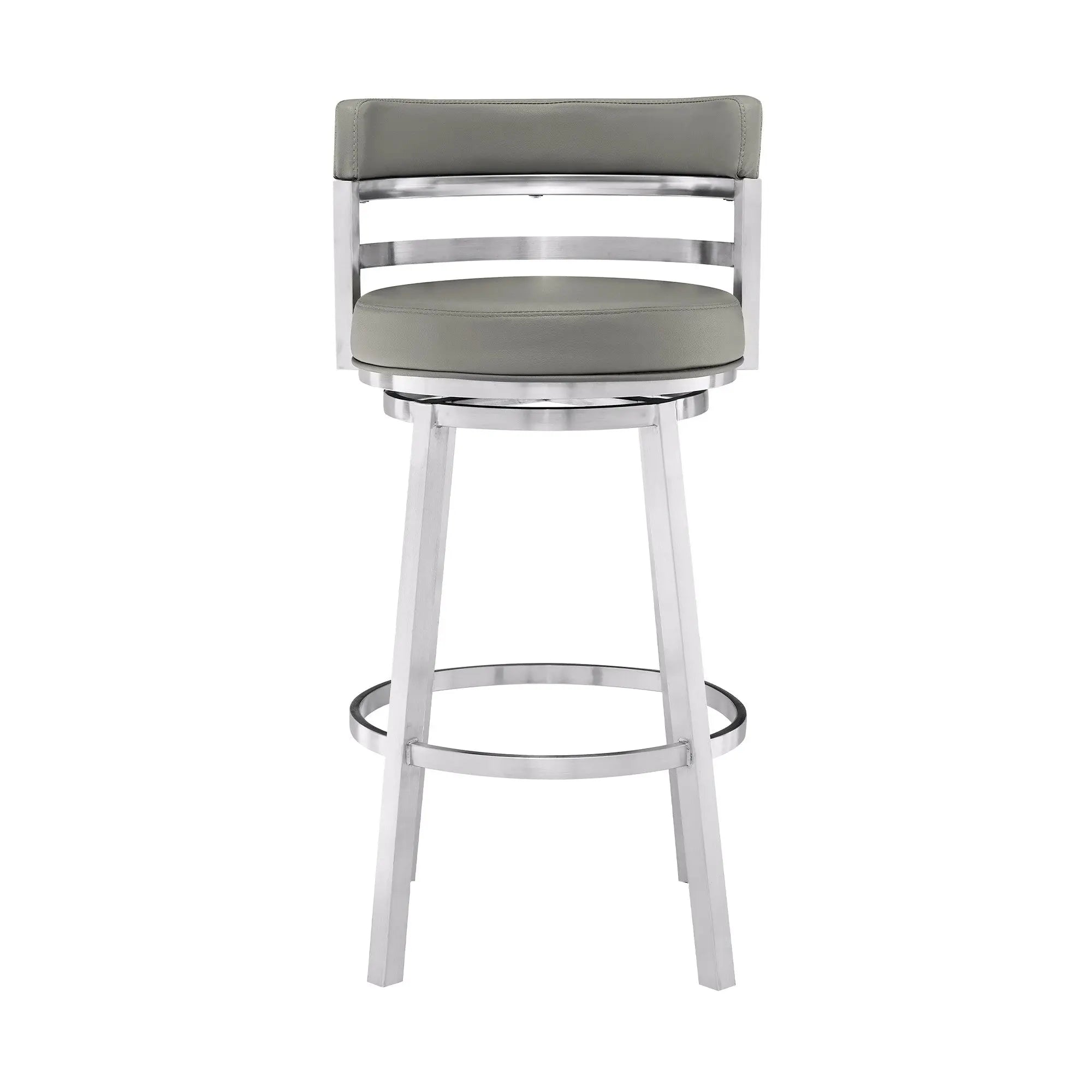 30" Gray And Silver Faux Leather And Iron Swivel Low Back Bar Height Bar Chair Homeroots Living Room