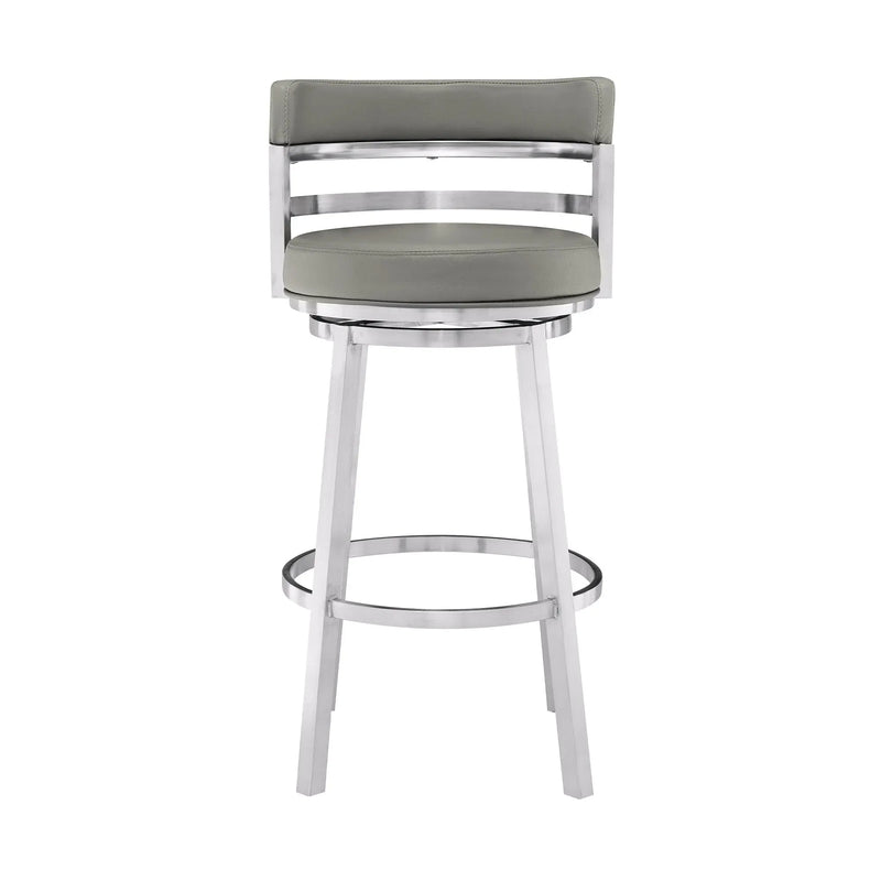 30" Gray And Silver Faux Leather And Iron Swivel Low Back Bar Height Bar Chair Homeroots Living Room