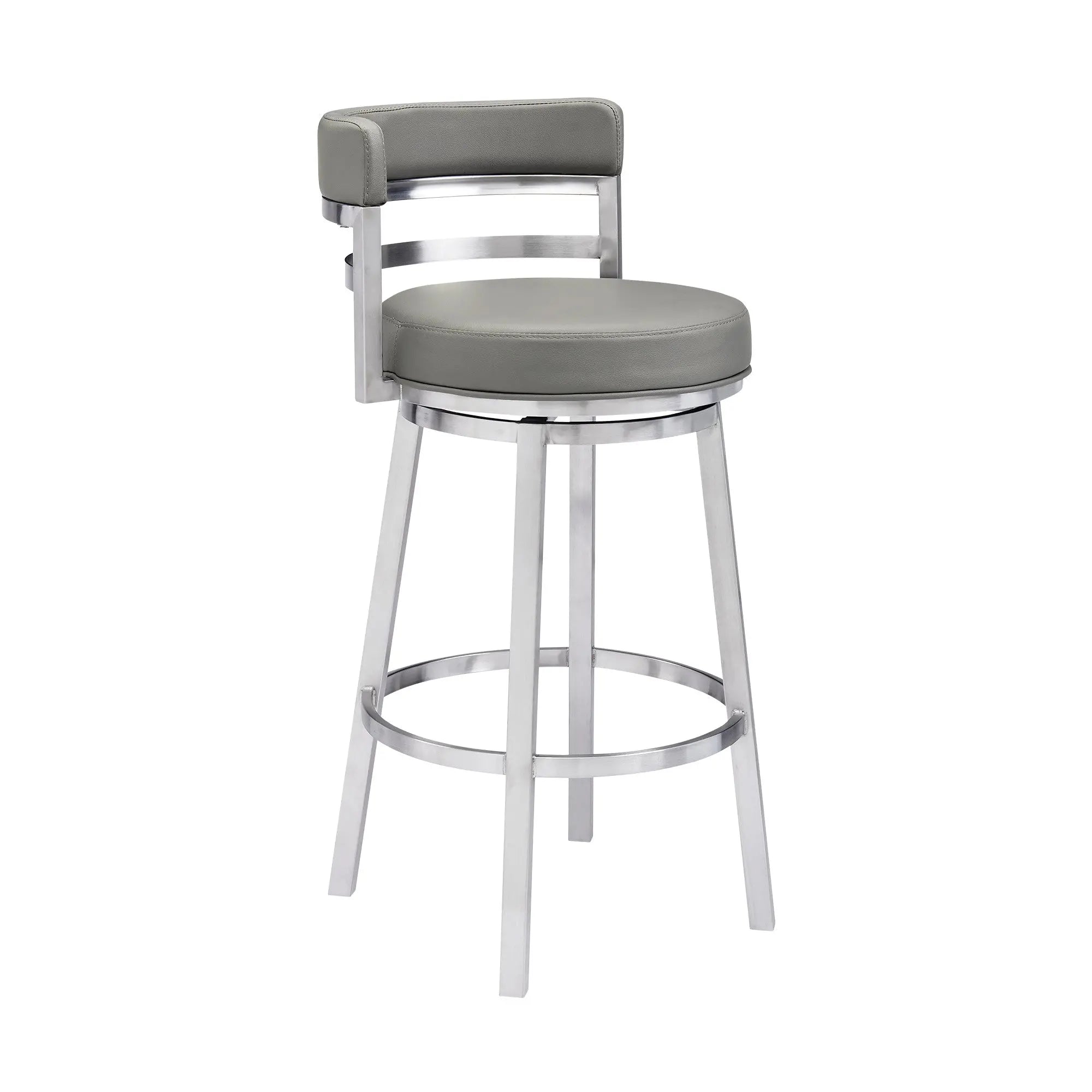 30" Gray And Silver Faux Leather And Iron Swivel Low Back Bar Height Bar Chair Homeroots Living Room