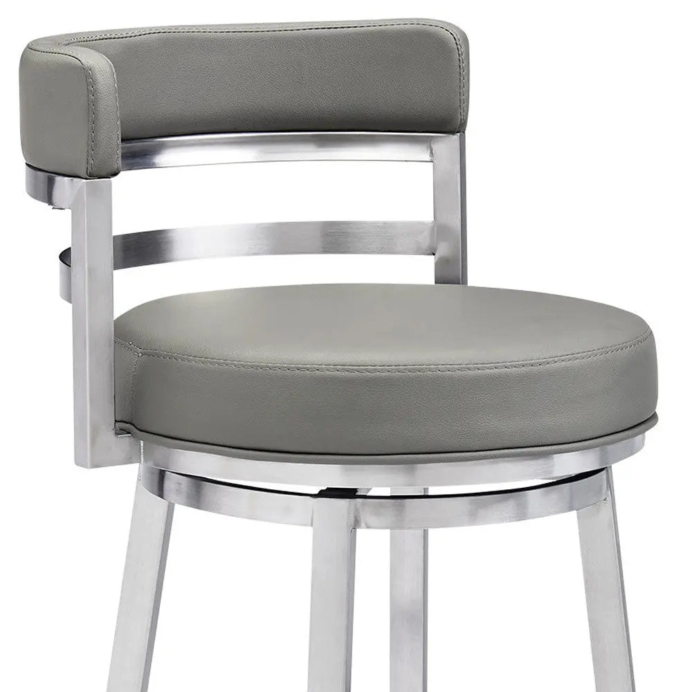 30" Gray And Silver Faux Leather And Iron Swivel Low Back Bar Height Bar Chair Homeroots Living Room