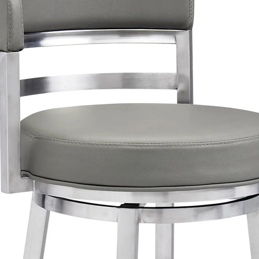 30" Gray And Silver Faux Leather And Iron Swivel Low Back Bar Height Bar Chair Homeroots Living Room