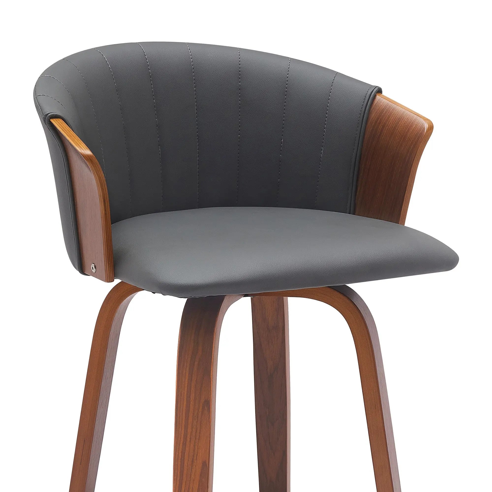 30" Gray And Wood Brown Faux Leather Swivel Bar Height Bar Chair Homeroots Living Room