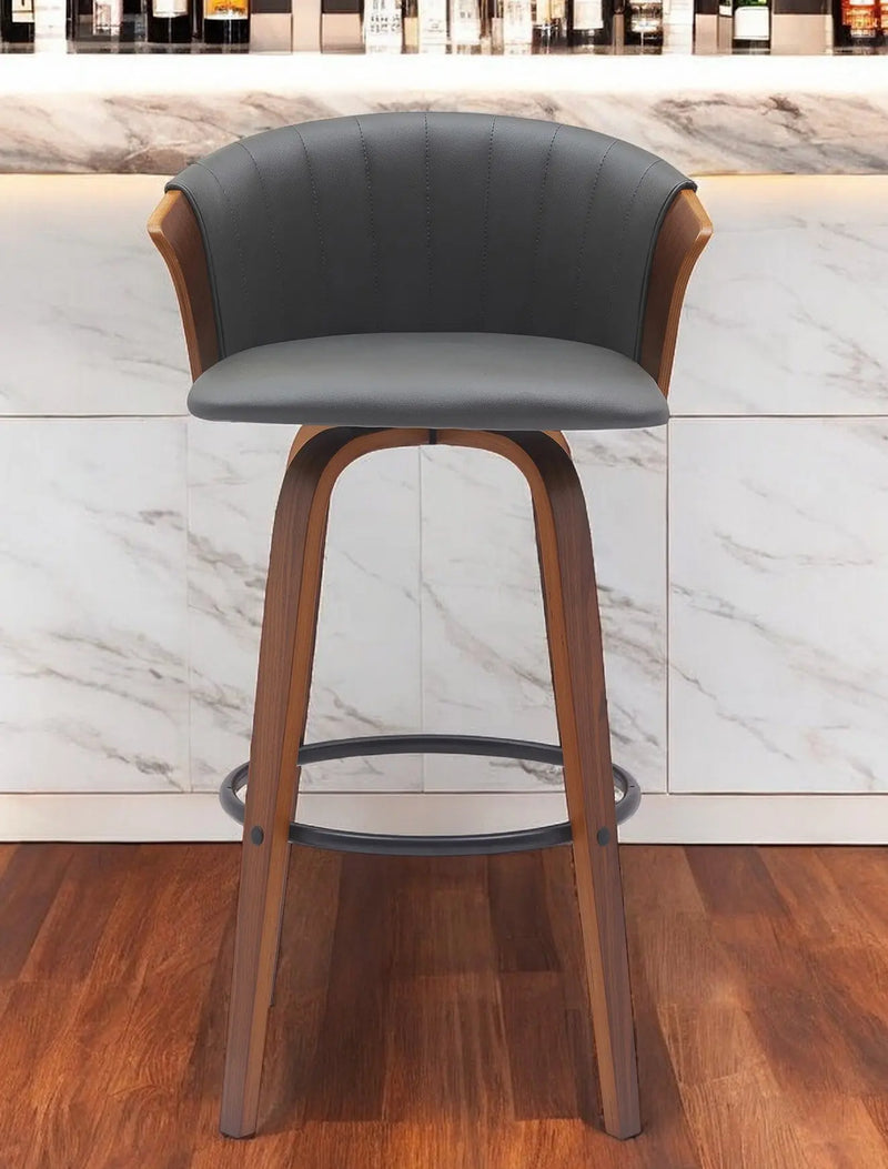 30" Gray And Wood Brown Faux Leather Swivel Bar Height Bar Chair Homeroots Living Room