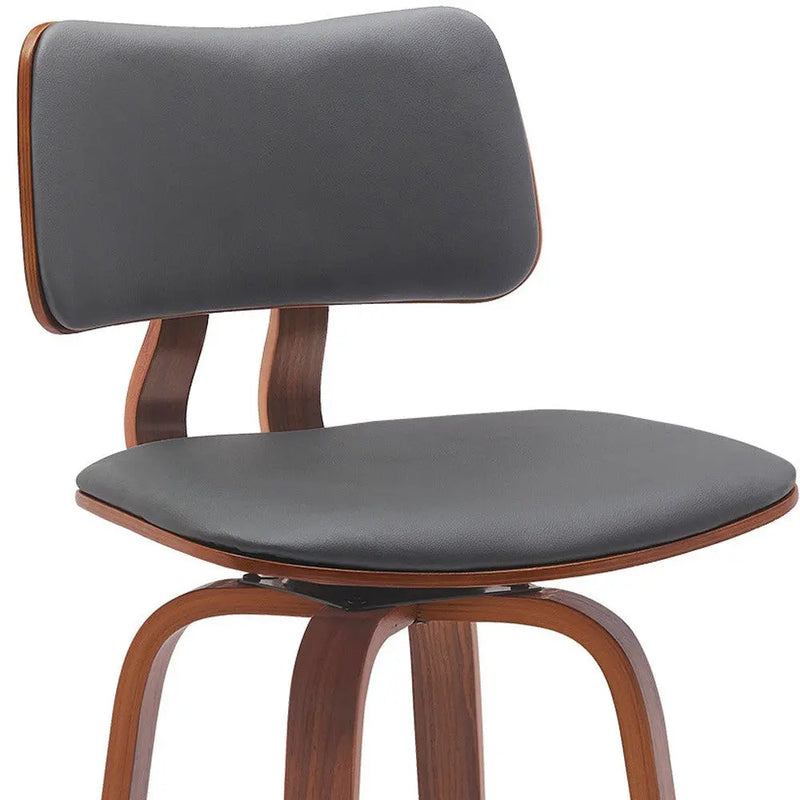 30" Gray And Wood Brown Faux Leather Swivel Low Back Bar Height Bar Chair Homeroots Living Room