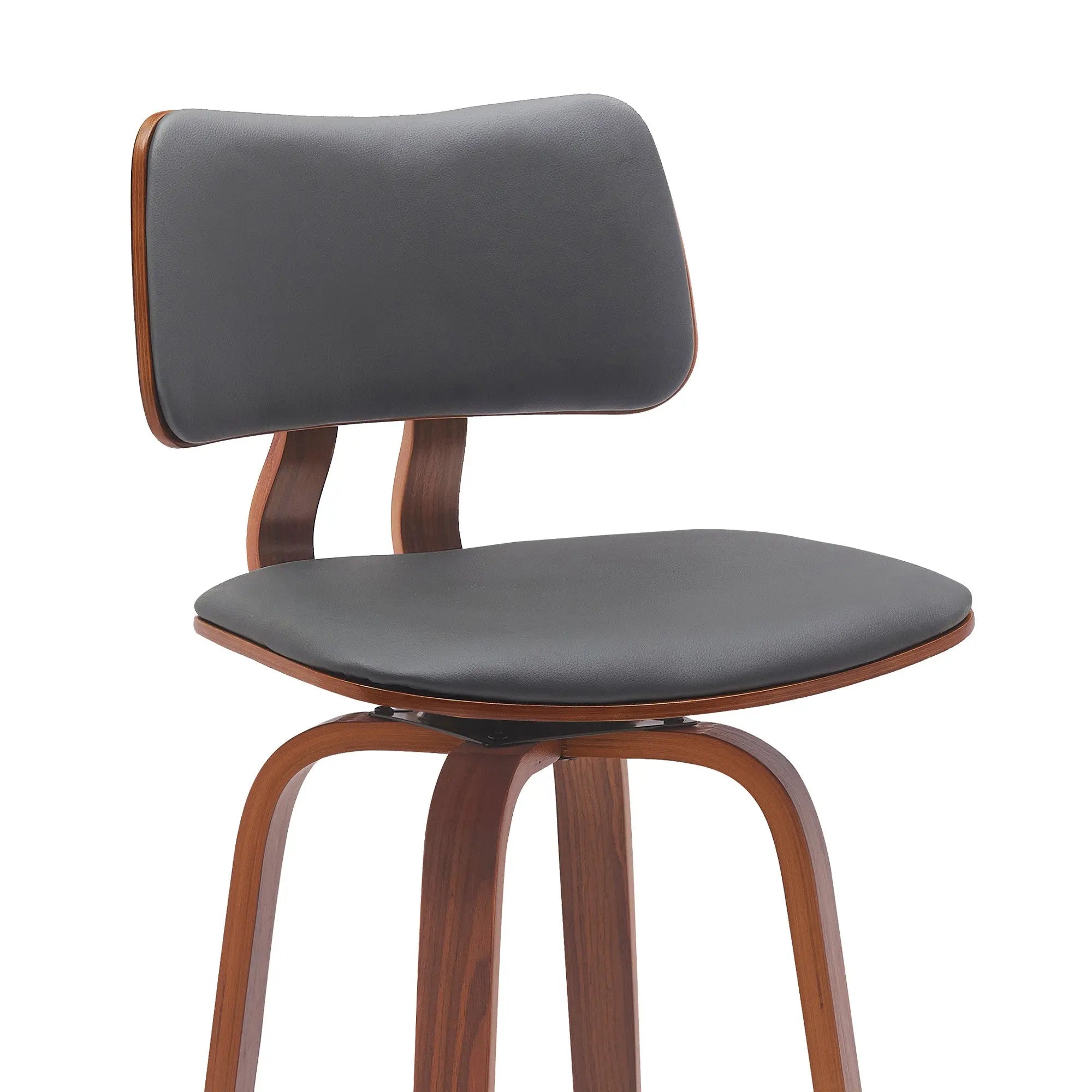 30" Gray And Wood Brown Faux Leather Swivel Low Back Bar Height Bar Chair Homeroots Living Room