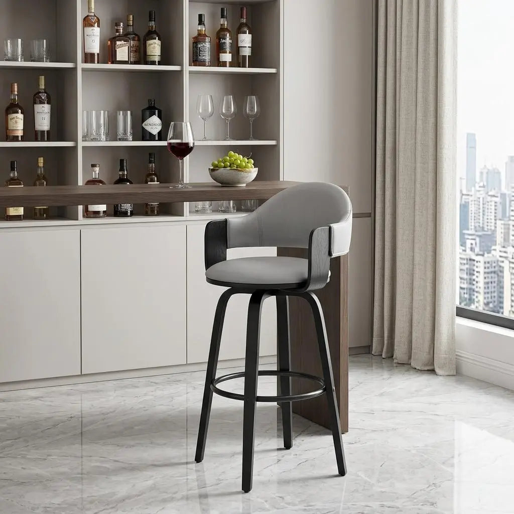 30" Gray and Black Fabric and Iron Low Back Bar Height Swivel Bar Chair Homeroots Living Room