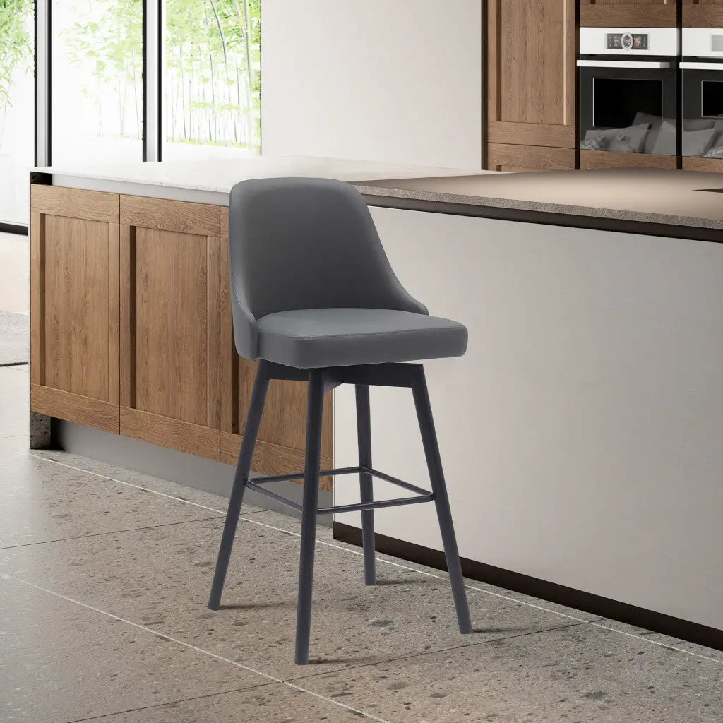 30" Gray and Black Faux Leather with Solid Wood Swivel Bar Height Bar Chair Homeroots Living Room