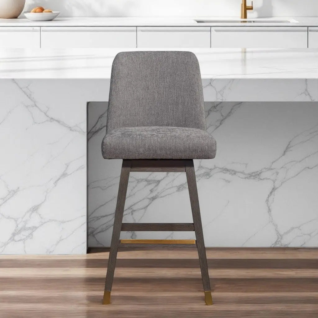 30" Gray and Brown Fabric and Solid Wood Swivel Bar Chair Homeroots Living Room
