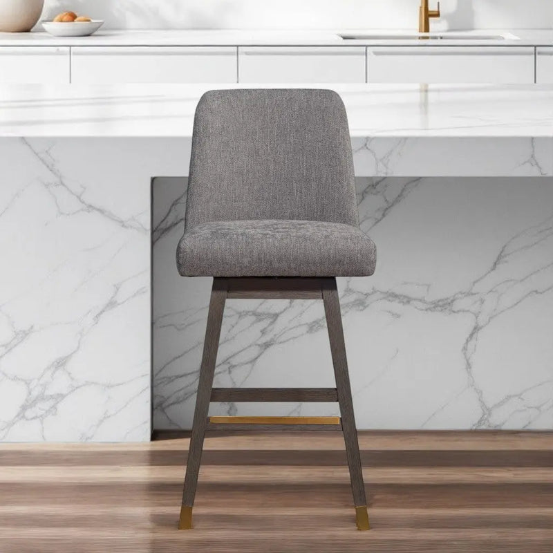 30" Gray and Brown Fabric and Solid Wood Swivel Bar Chair Homeroots Living Room