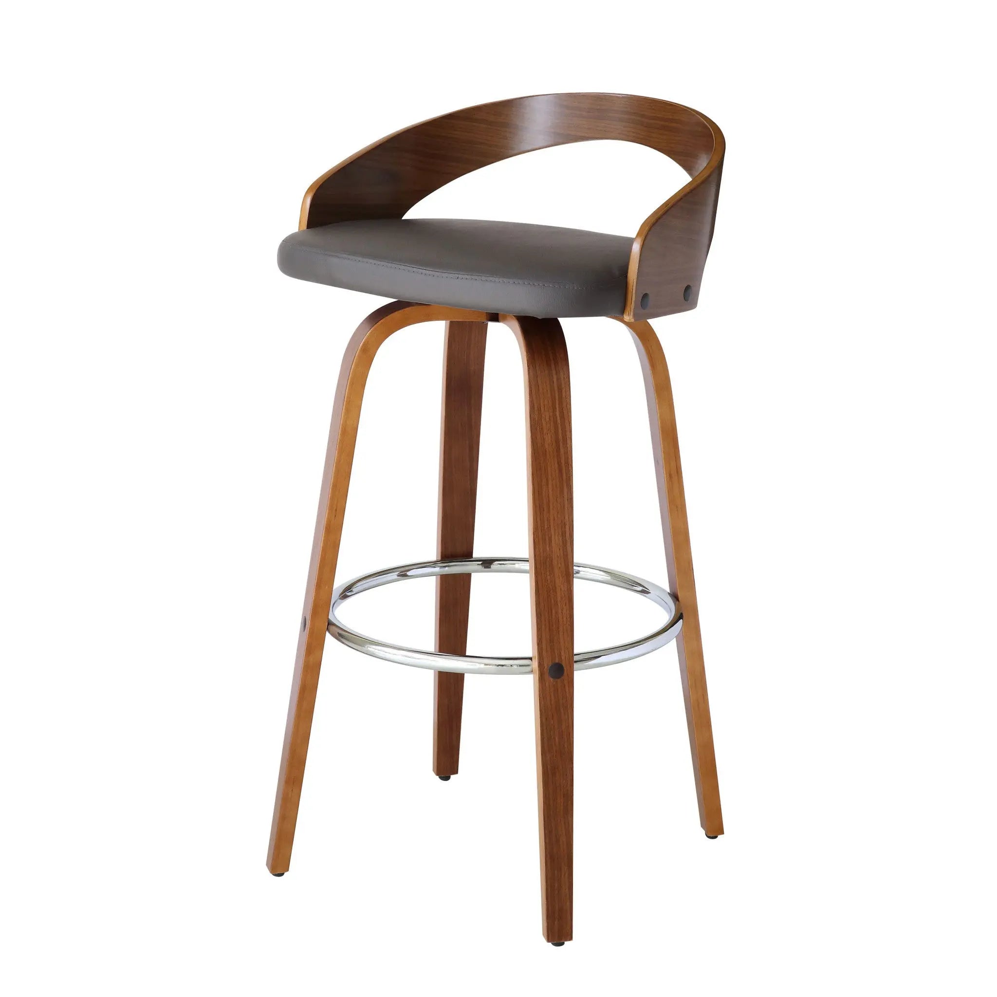 30" Gray and Brown Faux Leather and Iron Low Back Bar Height Swivel Bar Chair Homeroots Living Room