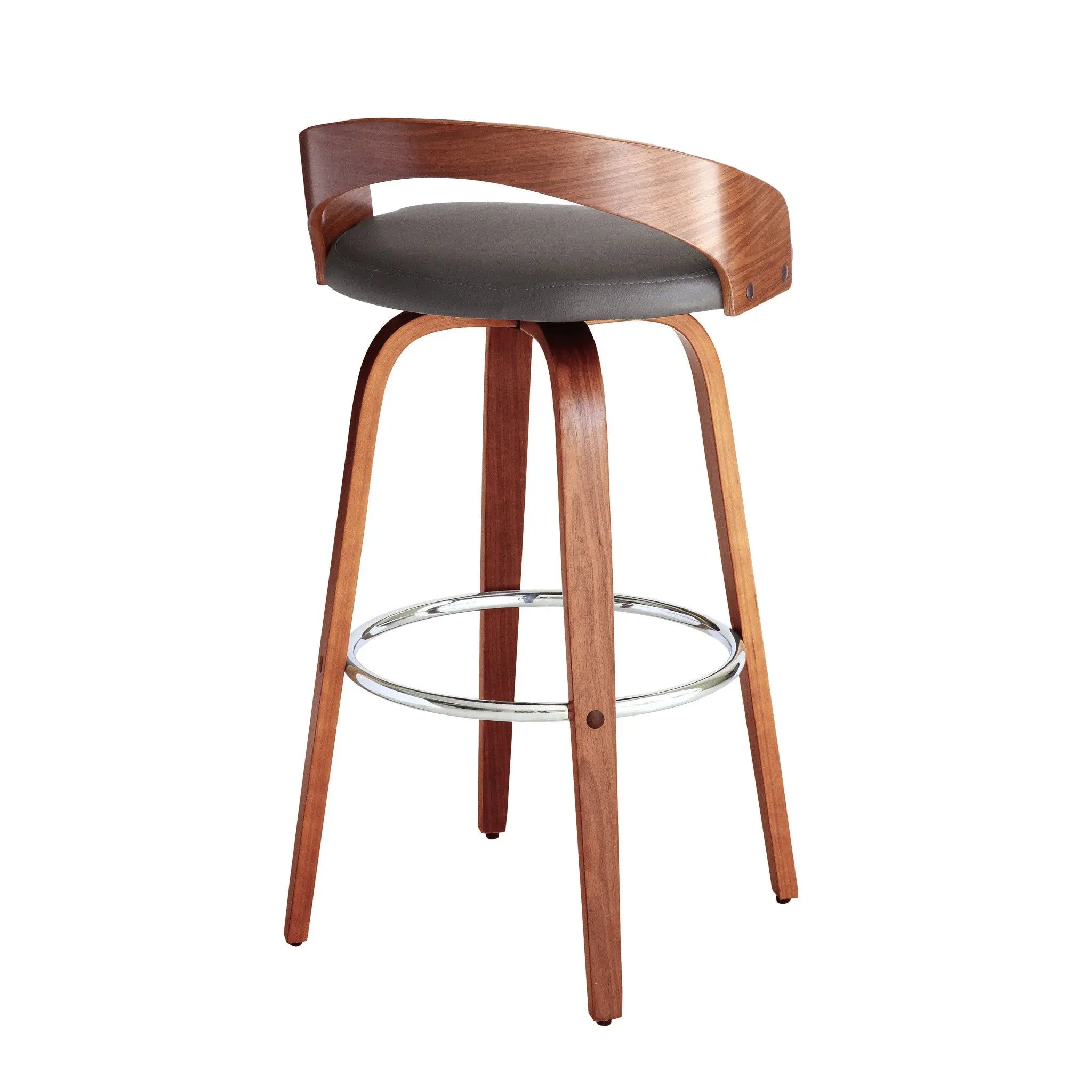30" Gray and Brown Faux Leather and Iron Low Back Bar Height Swivel Bar Chair Homeroots Living Room