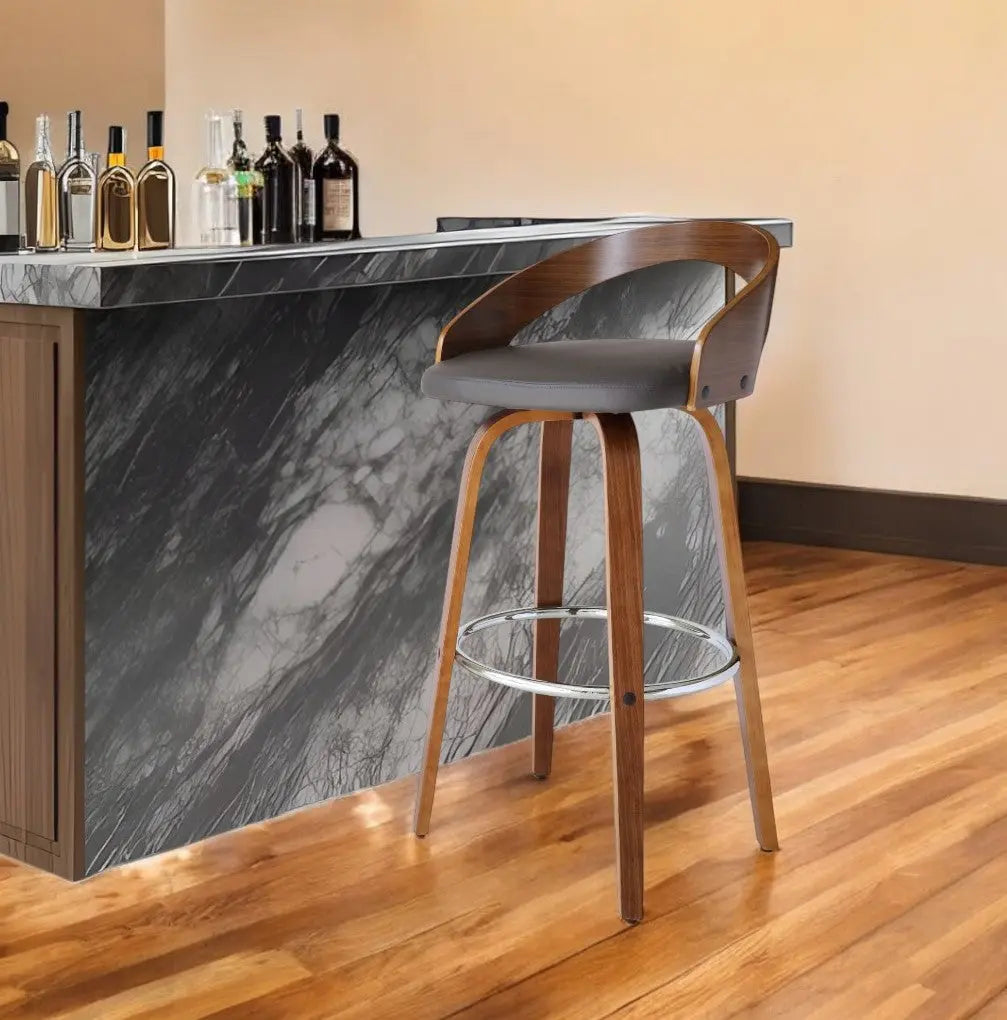 30" Gray and Brown Faux Leather and Iron Low Back Bar Height Swivel Bar Chair Homeroots Living Room