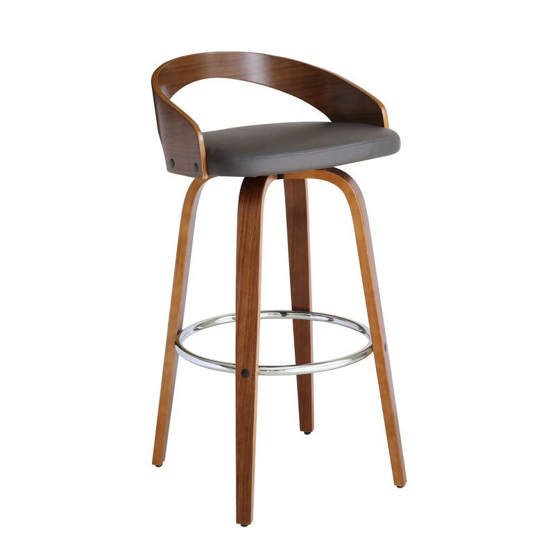 30" Gray and Brown Faux Leather and Iron Low Back Bar Height Swivel Bar Chair Homeroots Living Room