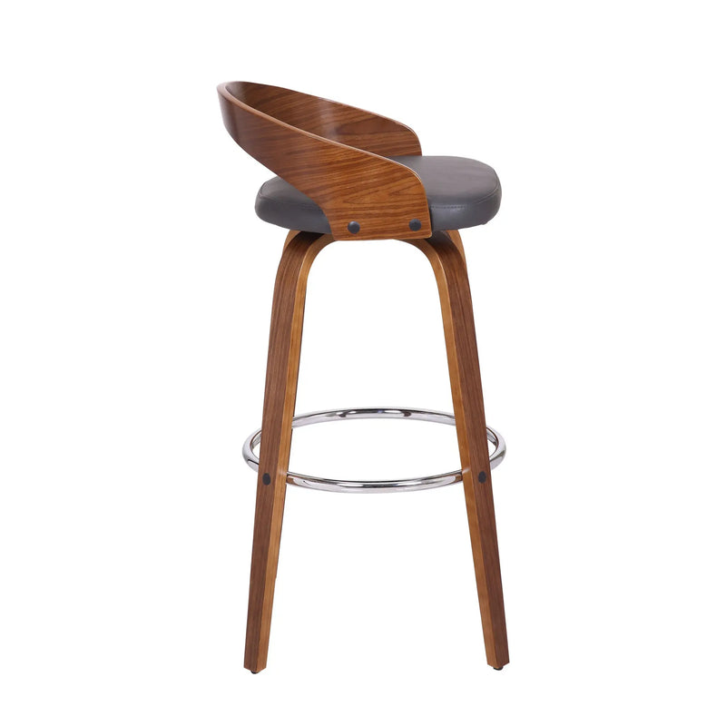 30" Gray and Brown Faux Leather and Iron Low Back Bar Height Swivel Bar Chair Homeroots Living Room