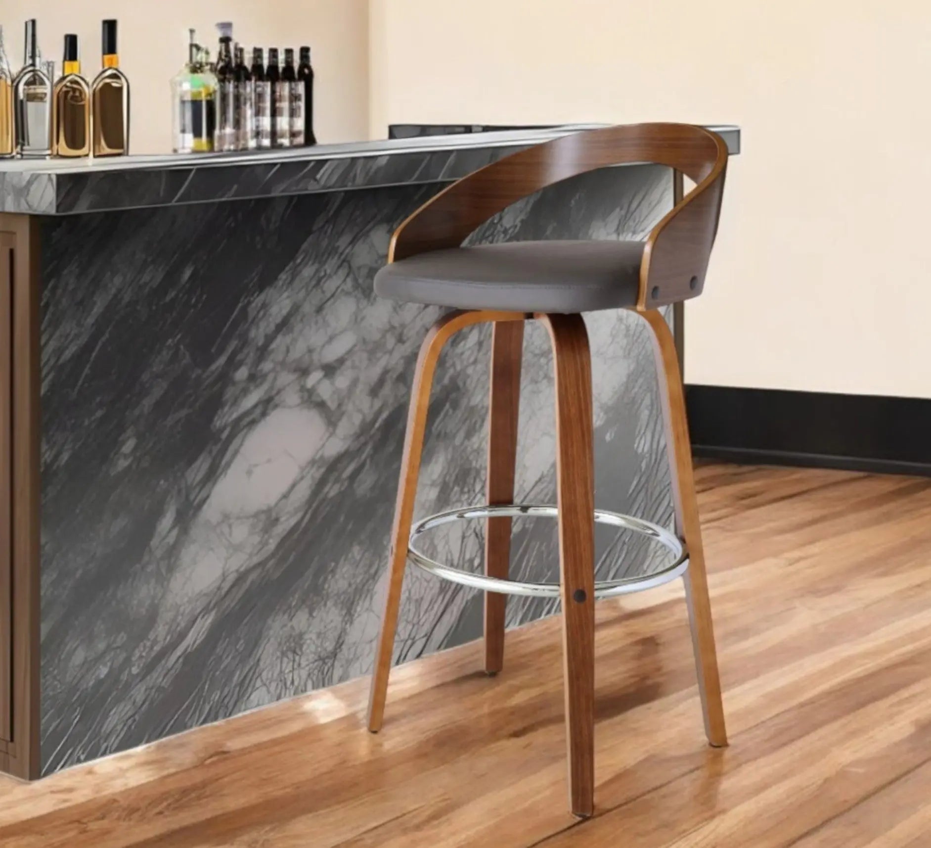 30" Gray and Brown Faux Leather and Iron Low Back Bar Height Swivel Bar Chair Homeroots Living Room