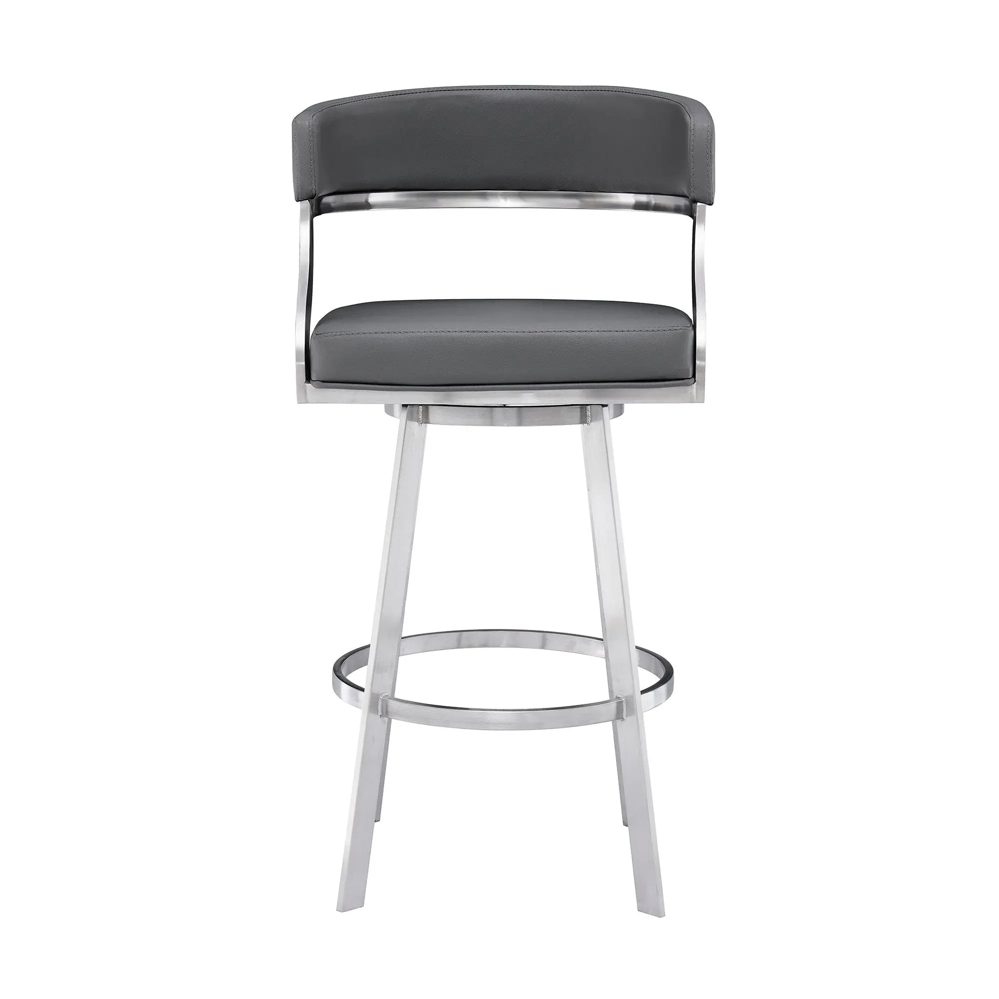 30" Gray and Silver Faux Leather and Iron Low Back Bar Height Swivel Bar Chair - GreatEagleInc