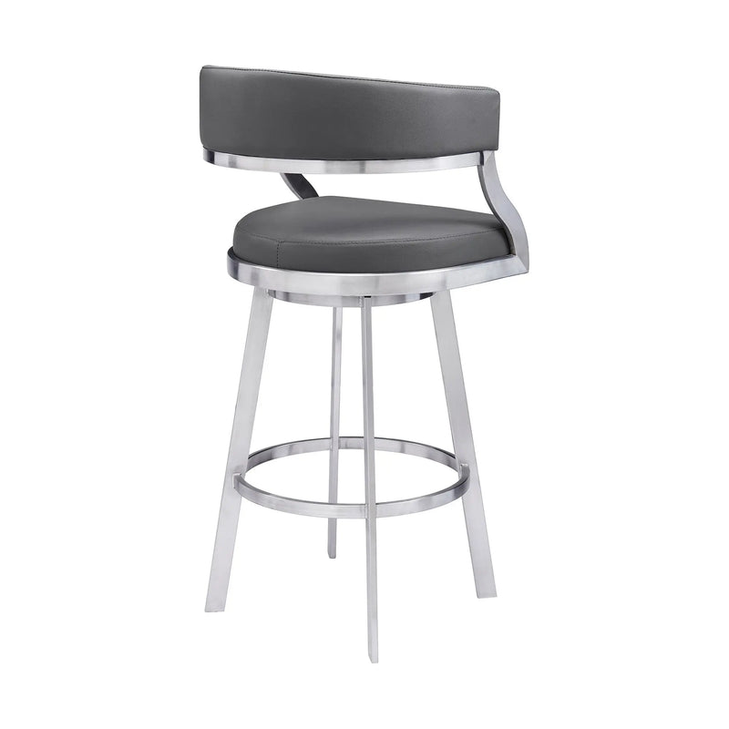 30" Gray and Silver Faux Leather and Iron Low Back Bar Height Swivel Bar Chair - GreatEagleInc