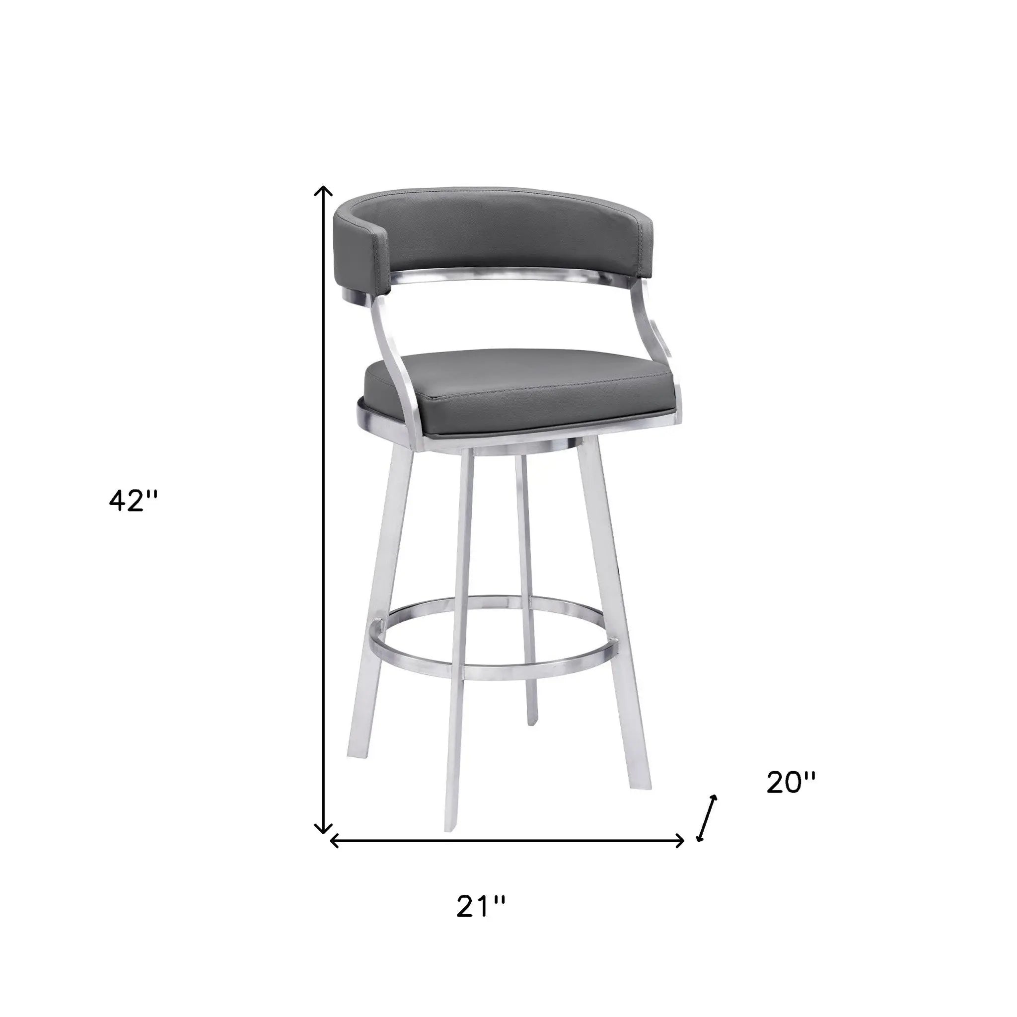 30" Gray and Silver Faux Leather and Iron Low Back Bar Height Swivel Bar Chair - GreatEagleInc