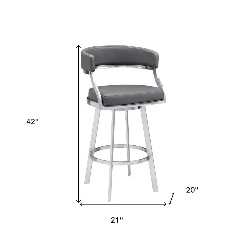 30" Gray and Silver Faux Leather and Iron Low Back Bar Height Swivel Bar Chair - GreatEagleInc