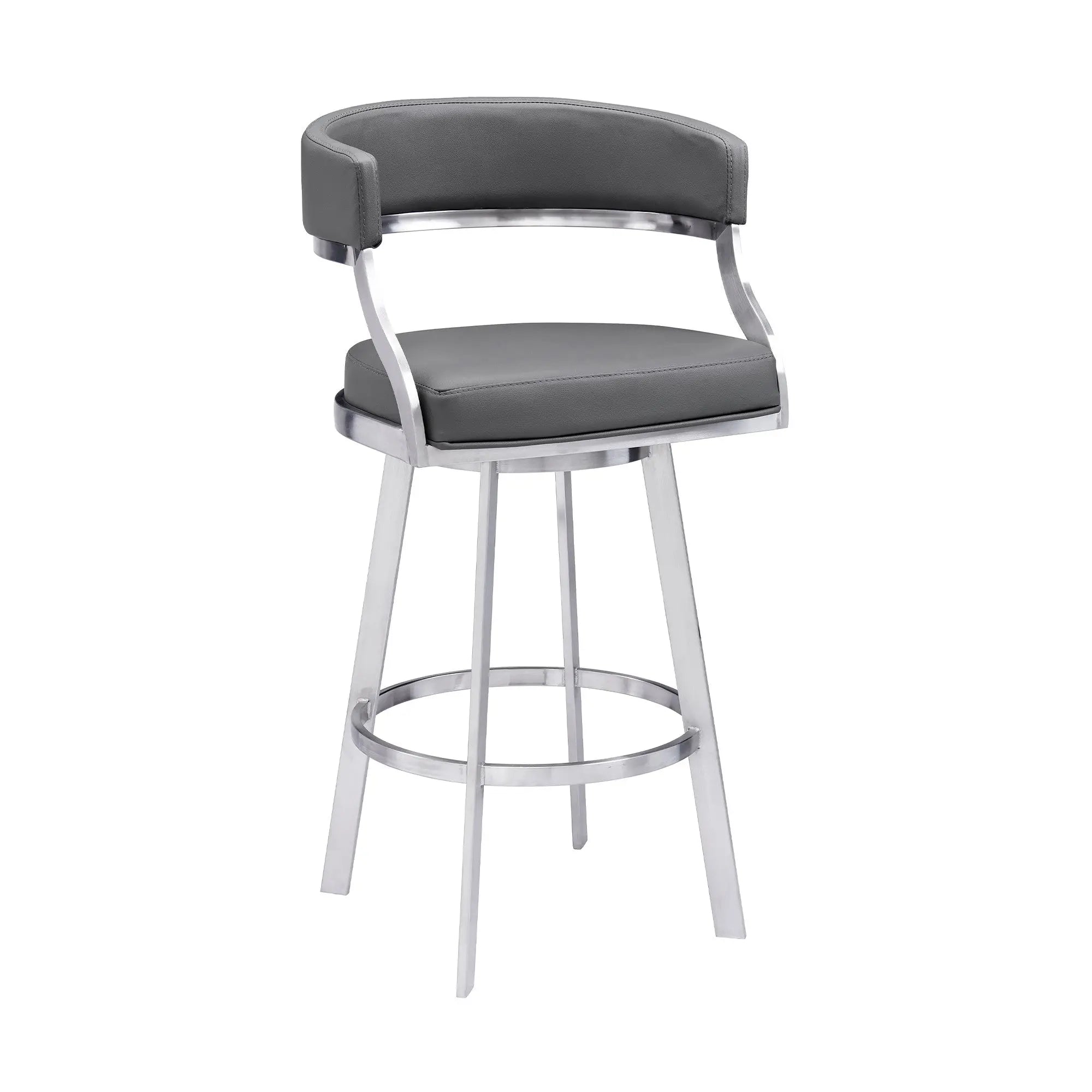 30" Gray and Silver Faux Leather and Iron Low Back Bar Height Swivel Bar Chair - GreatEagleInc
