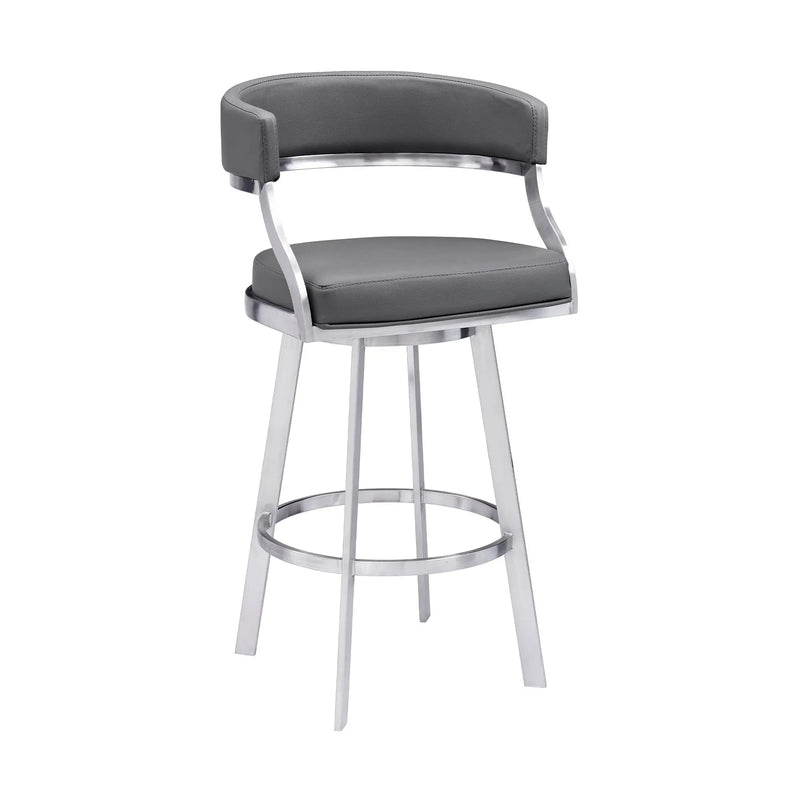 30" Gray and Silver Faux Leather and Iron Low Back Bar Height Swivel Bar Chair - GreatEagleInc