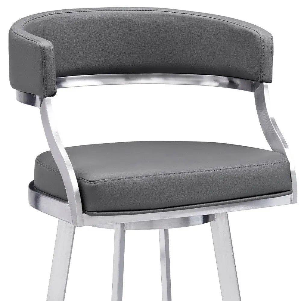 30" Gray and Silver Faux Leather and Iron Low Back Bar Height Swivel Bar Chair - GreatEagleInc