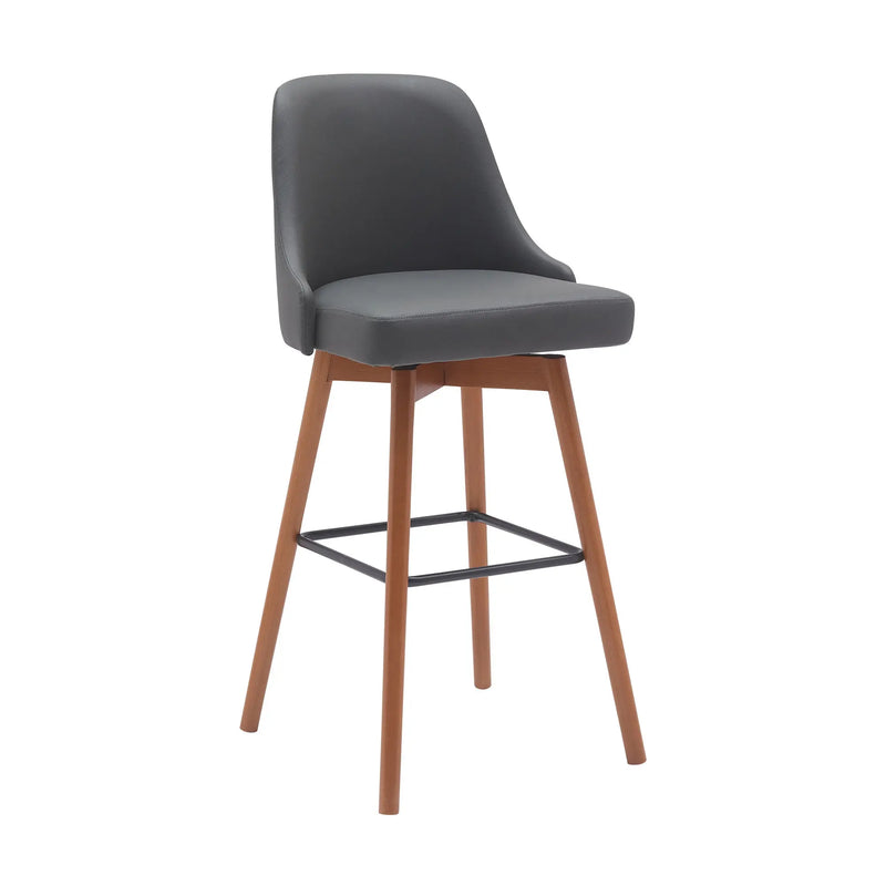 30" Gray and Wood Brown Faux Leather with Solid Wood Swivel Bar Height Bar Chair Homeroots Living Room