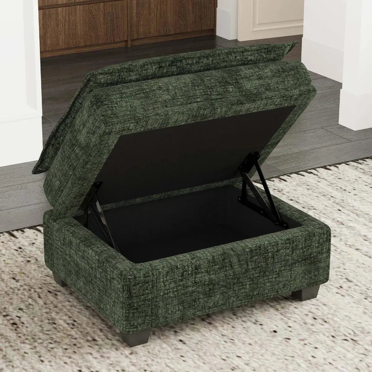30" Green and Black Chenille Storage Ottoman Homeroots Living Room