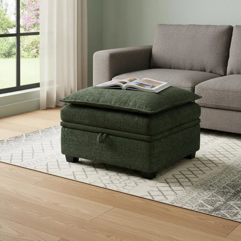 30" Green and Black Chenille Storage Ottoman Homeroots Living Room